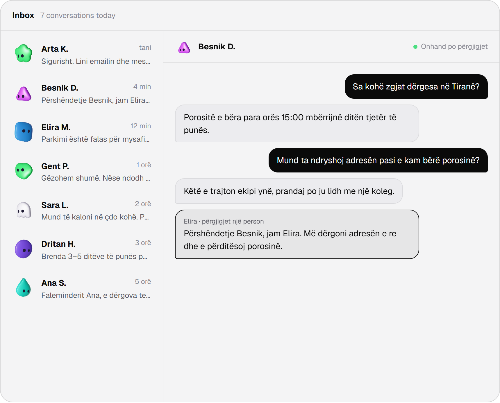 Onhand inbox showing a live customer conversation handed to a team member