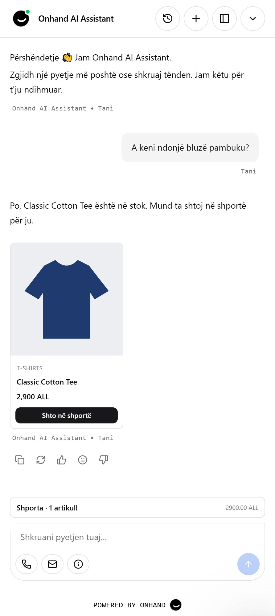 Onhand chat showing a product card with an add to cart button and the cart summary